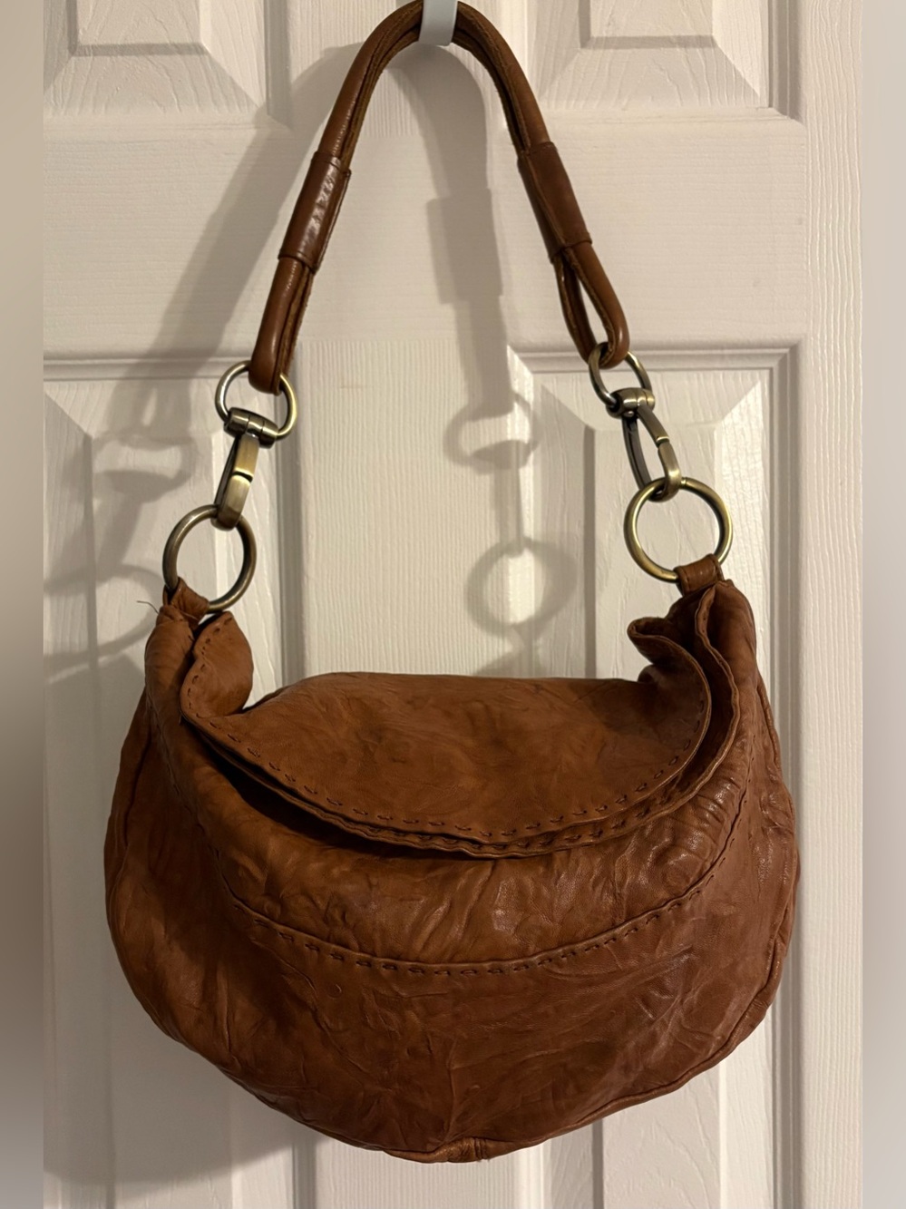 CARLA MANCINI Chestnut Brown Leather Hobo Shoulder Bag with Brass Ring Hardware